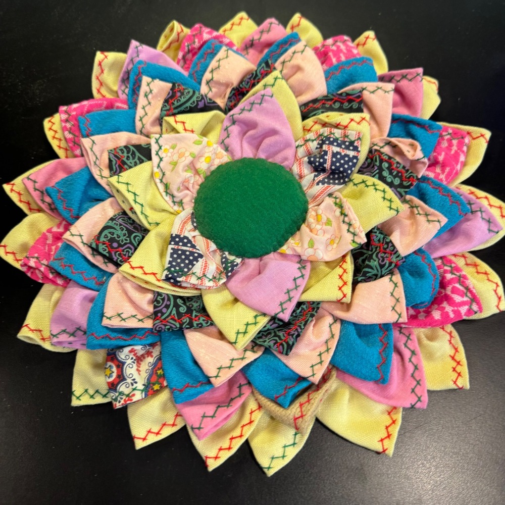 Handmade Petal Pop Zinnia Wall Hanging Art 10" Multicolor Boho Fabric Floral